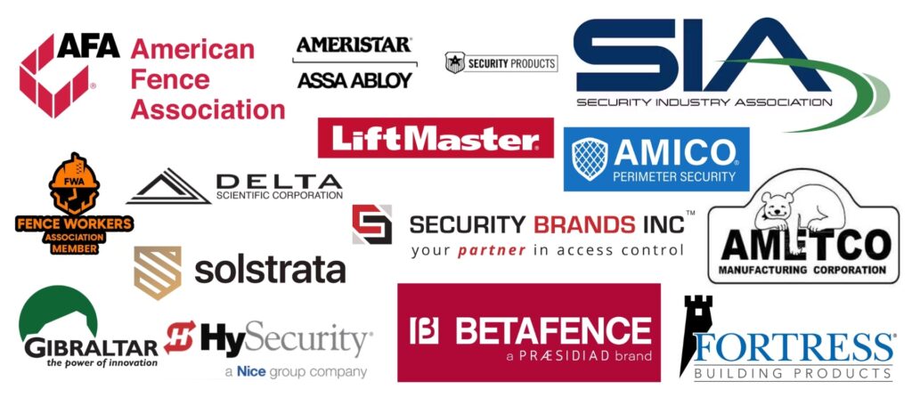 Logos of leading security fence industry partners and certification organizations.